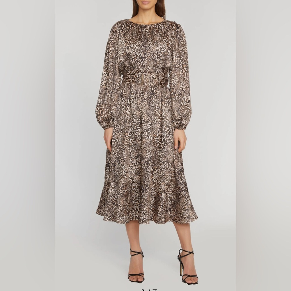 Elite Tahari Satin Leopard Print Midi Dress
